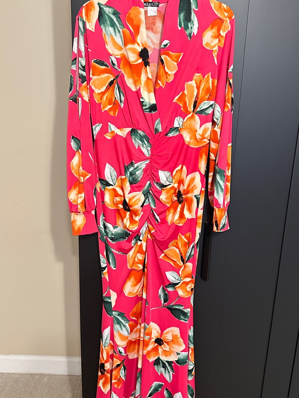 VENUS Hot Pink Floral Ruched Long Sleeve Maxi Dress